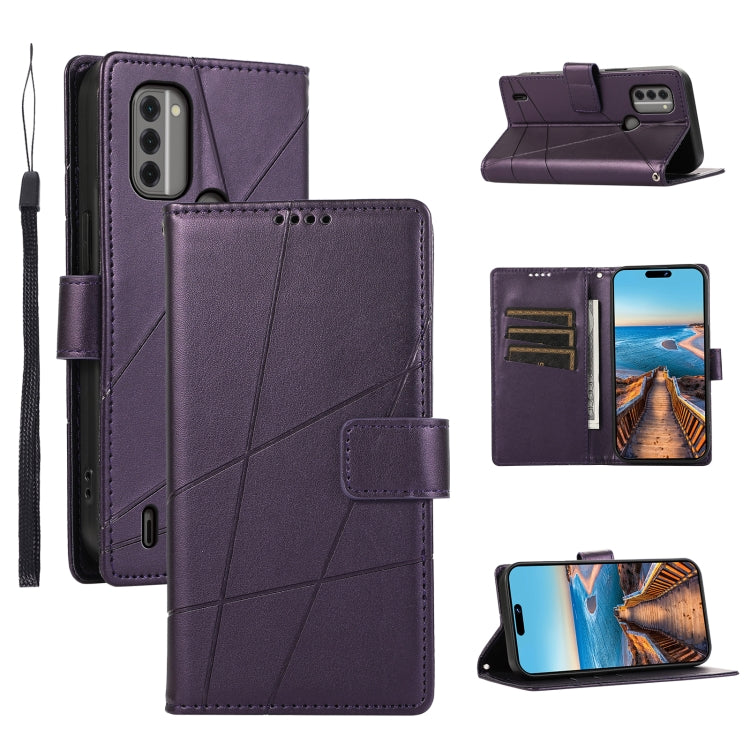 For Nokia C31 PU leather phone case with embossed texture, featuring card slots and a wrist strap.