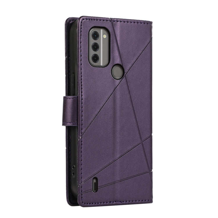 For Nokia C31 PU leather phone case with embossed texture, featuring card slots and a wrist strap.