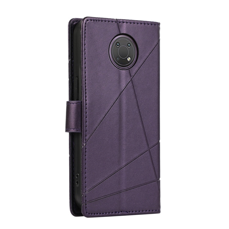 For Nokia G10 PU Genuine Leather Texture Embossed Line Phone Case with card slots and wrist strap, showcasing its elegant design and functionality.