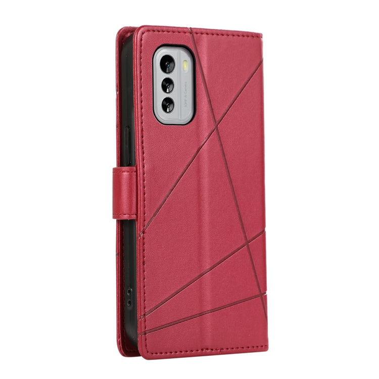 Red PU Genuine Leather Texture Embossed Line Phone Case for Nokia G60, showcasing its stylish design and functional features.