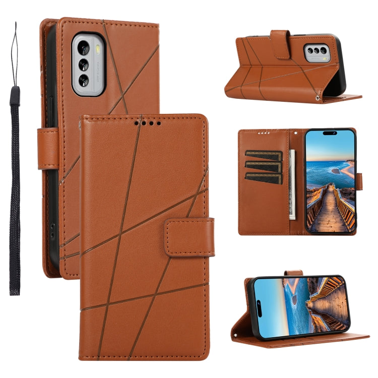 For Nokia G60 PU Genuine Leather Texture Embossed Line Phone Case in black with card slots and wrist strap.