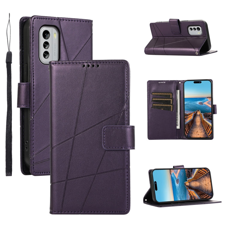 For Nokia G60 PU leather phone case with embossed texture, featuring card slots and a wrist strap.