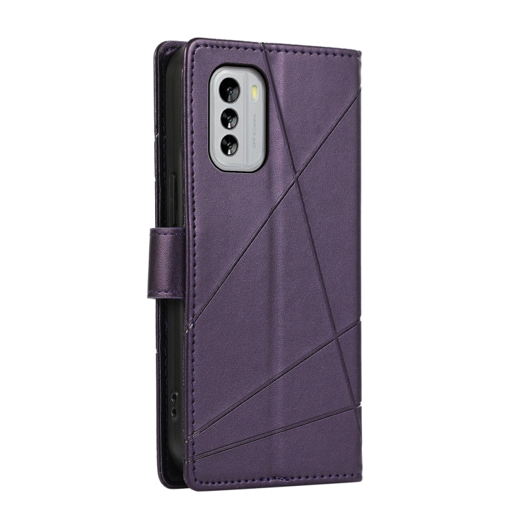 For Nokia G60 PU leather phone case with embossed texture, featuring card slots and a wrist strap.