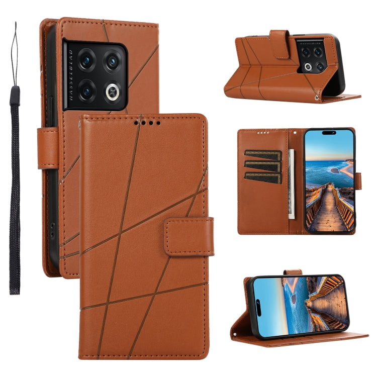 For OnePlus 10 Pro PU leather phone case with embossed texture, featuring card slots and a wrist strap.