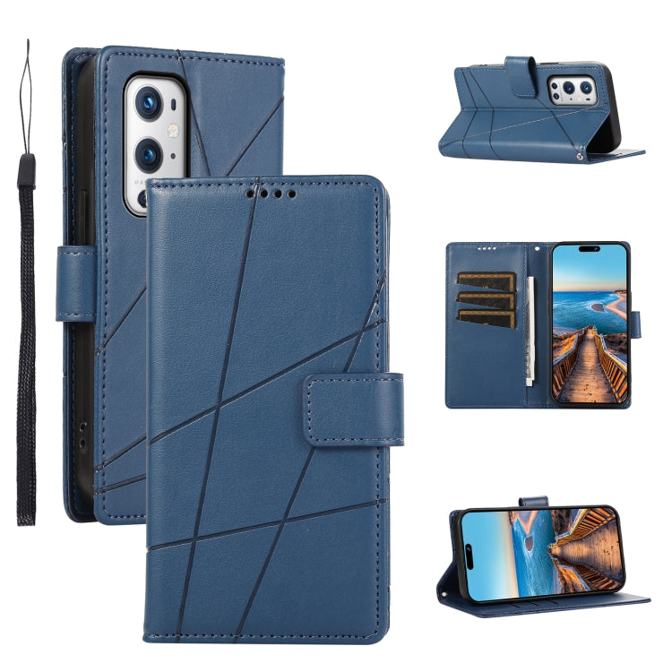 For OnePlus 9 Pro PU leather phone case with embossed texture, featuring card slots and a wrist strap.