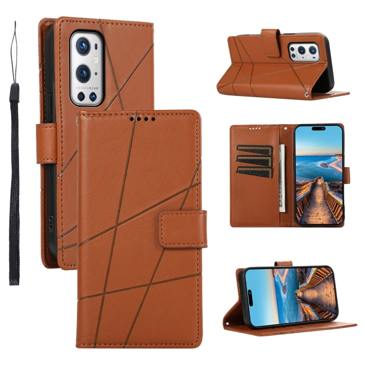 For OnePlus 9 Pro PU leather case with embossed texture, featuring card slots and a wrist strap.