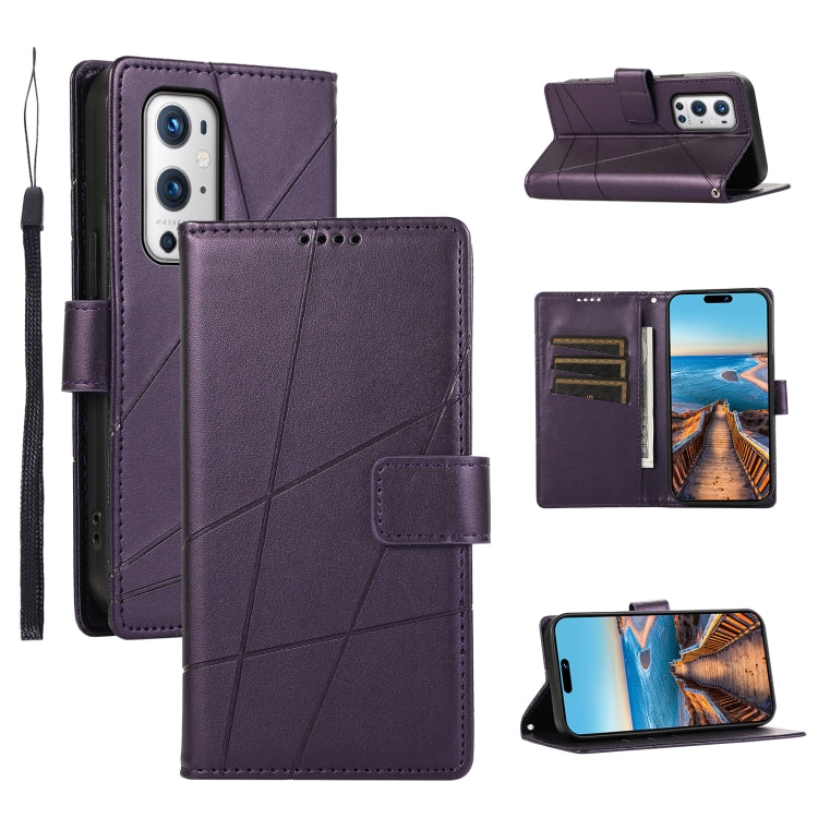 For OnePlus 9 Pro PU Genuine Leather Texture Embossed Line Phone Case with card slots and wrist strap.