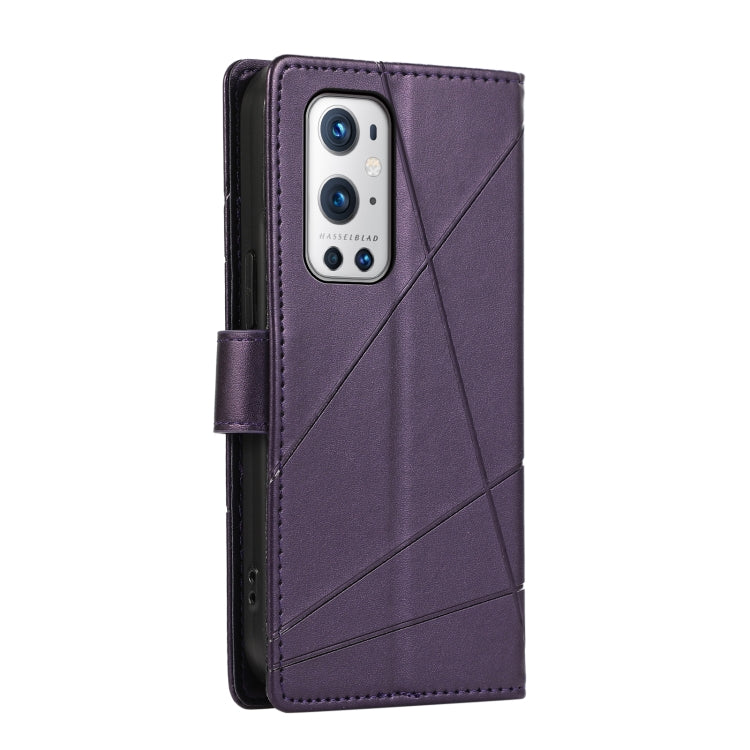 For OnePlus 9 Pro PU Genuine Leather Texture Embossed Line Phone Case with card slots and wrist strap.