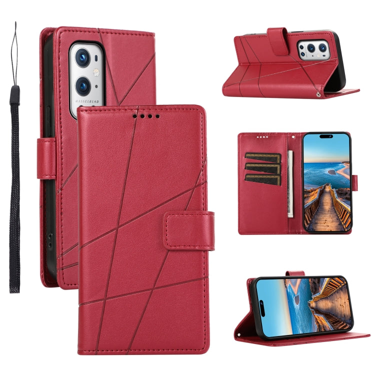 For OnePlus 9 Pro PU leather phone case with embossed texture, featuring card slots and a wrist strap.