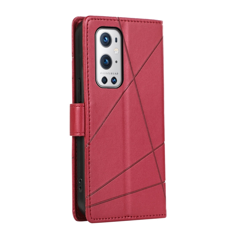 For OnePlus 9 Pro PU leather phone case with embossed texture, featuring card slots and a wrist strap.