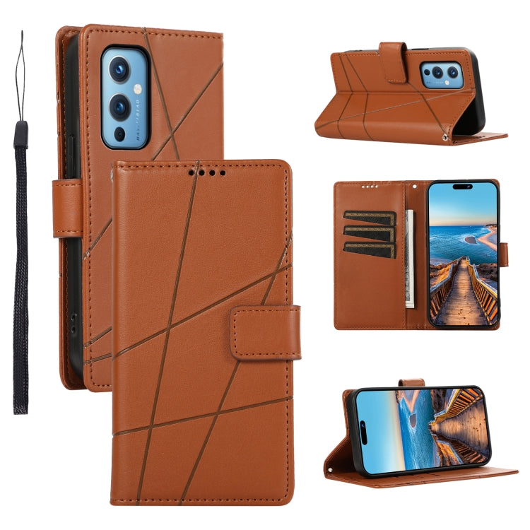 For OnePlus 9 PU genuine leather phone case with embossed texture, featuring card slots and wrist strap.