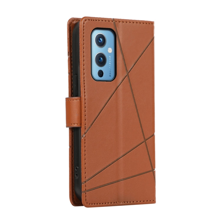 For OnePlus 9 PU genuine leather phone case with embossed texture, featuring card slots and wrist strap.