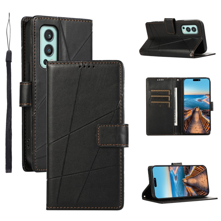 For OnePlus Nord 2 5G PU leather phone case with embossed texture and wallet design, featuring card slots and a wrist strap.