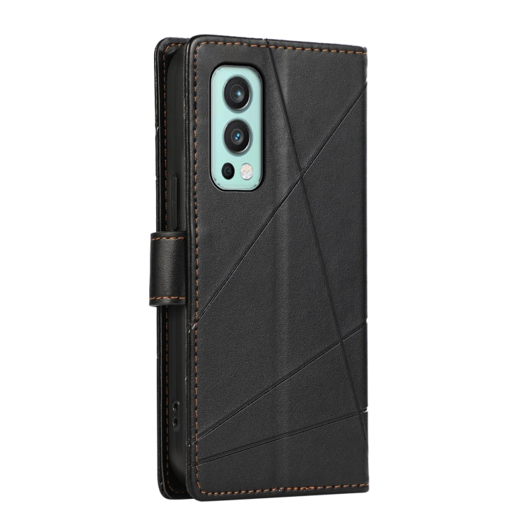 For OnePlus Nord 2 5G PU leather phone case with embossed texture and wallet design, featuring card slots and a wrist strap.