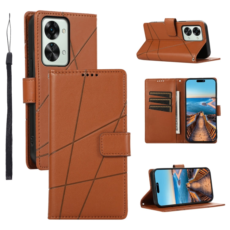 For OnePlus Nord 2T PU leather phone case with embossed texture, featuring card slots and a wrist strap.