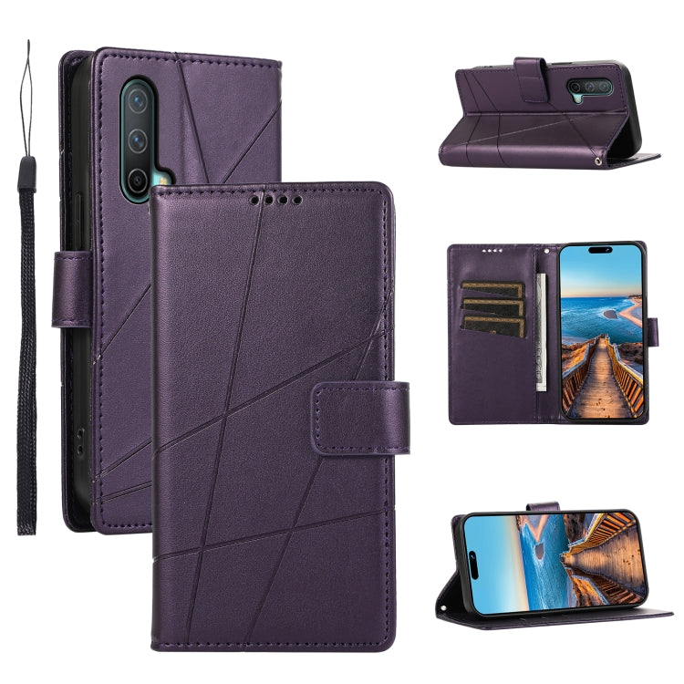 For OnePlus Nord CE 5G PU leather phone case with embossed texture, featuring card slots and a wrist strap.