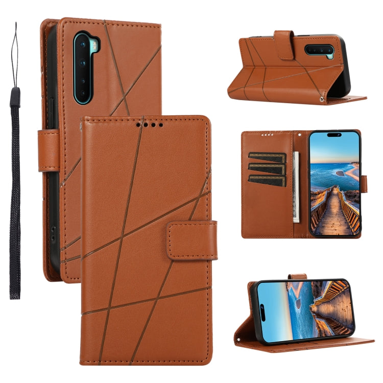 For OnePlus Nord PU Genuine Leather Texture Embossed Line Phone Case with card slots and wrist strap, showcasing its stylish design and functionality.