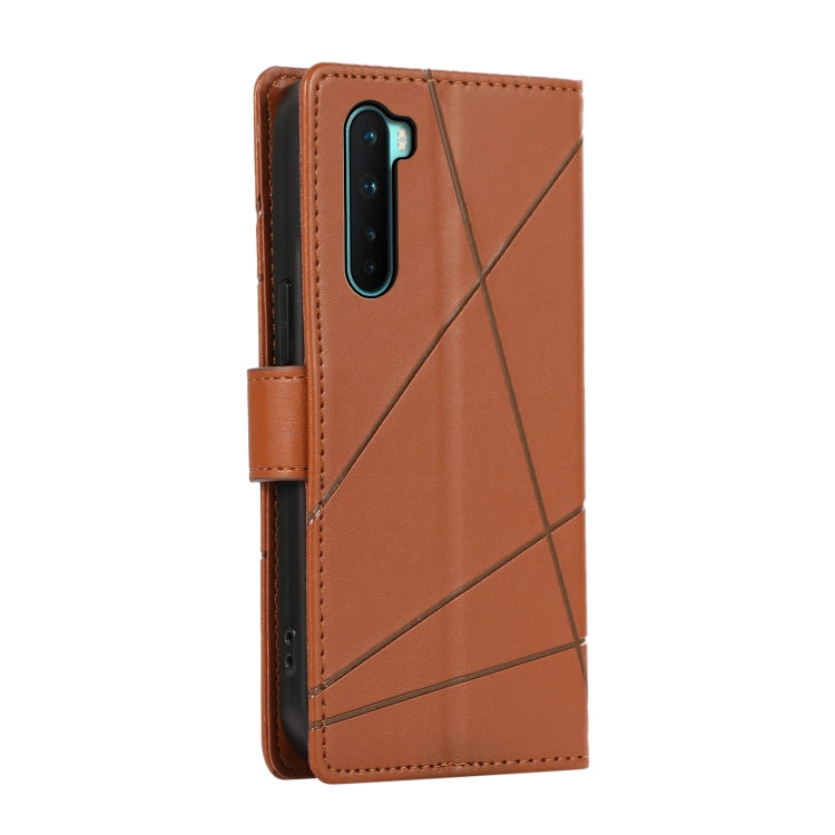 For OnePlus Nord PU Genuine Leather Texture Embossed Line Phone Case with card slots and wrist strap, showcasing its stylish design and functionality.