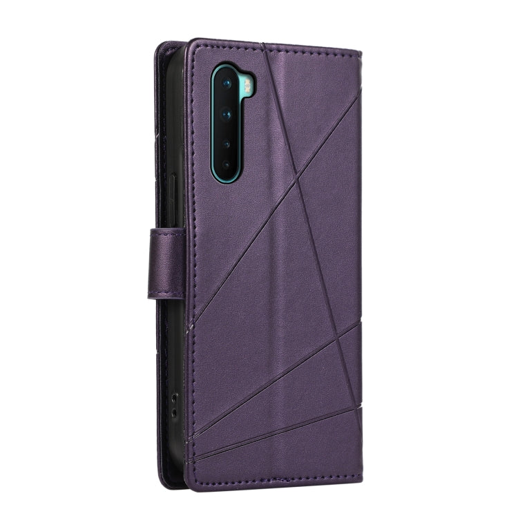 For OnePlus Nord PU Genuine Leather Texture Embossed Line Phone Case with card slots and wrist strap, showcasing its stylish design and functionality.