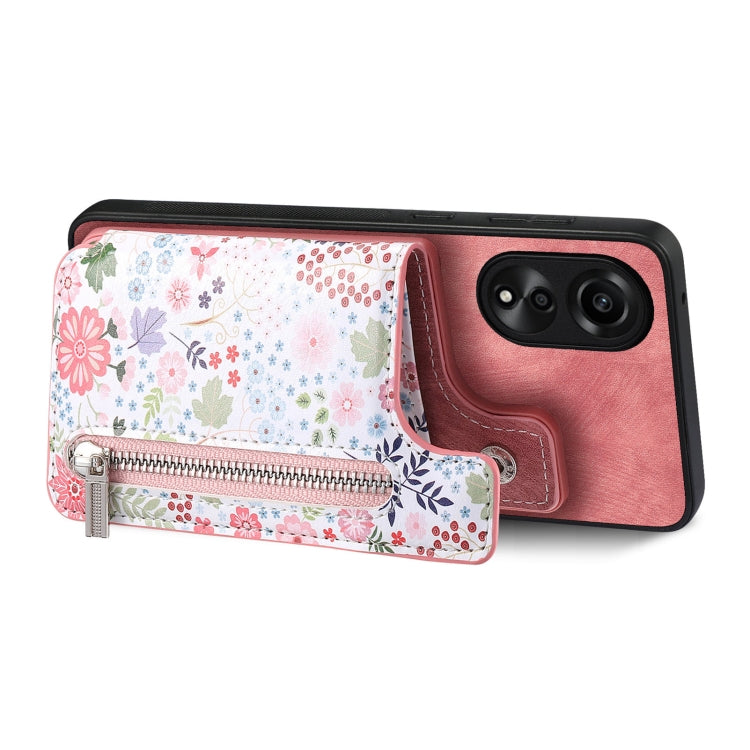 Pink zipper wallet case for OPPO A17, featuring card slots and kickstand functionality, made from durable TPU and PU leather.