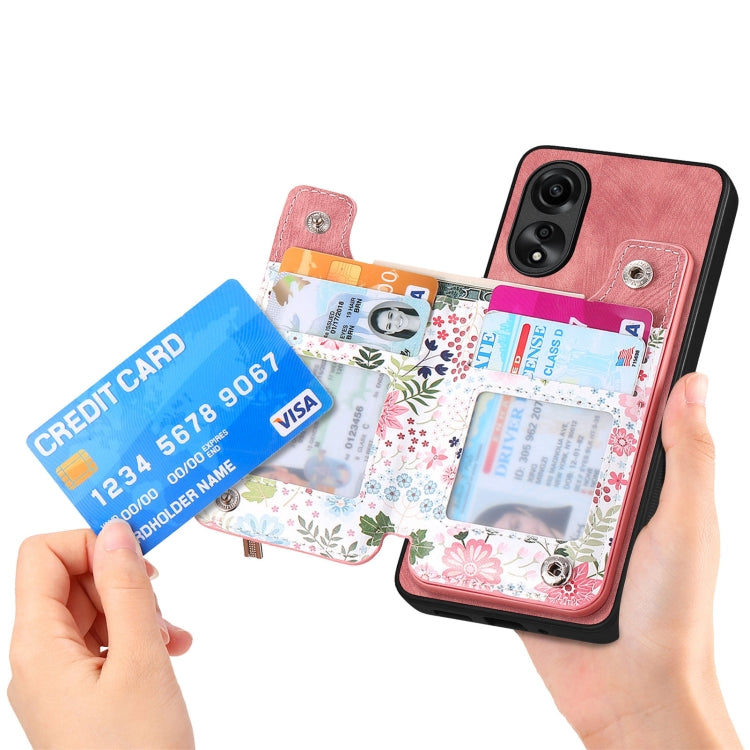 Pink zipper wallet case for OPPO A17, featuring card slots and kickstand functionality, made from durable TPU and PU leather.