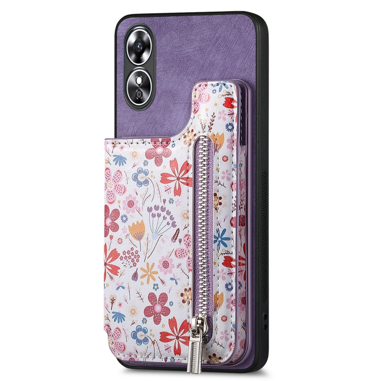 Purple retro painted zipper wallet case for OPPO A17, showcasing its stylish design and functional card slots.