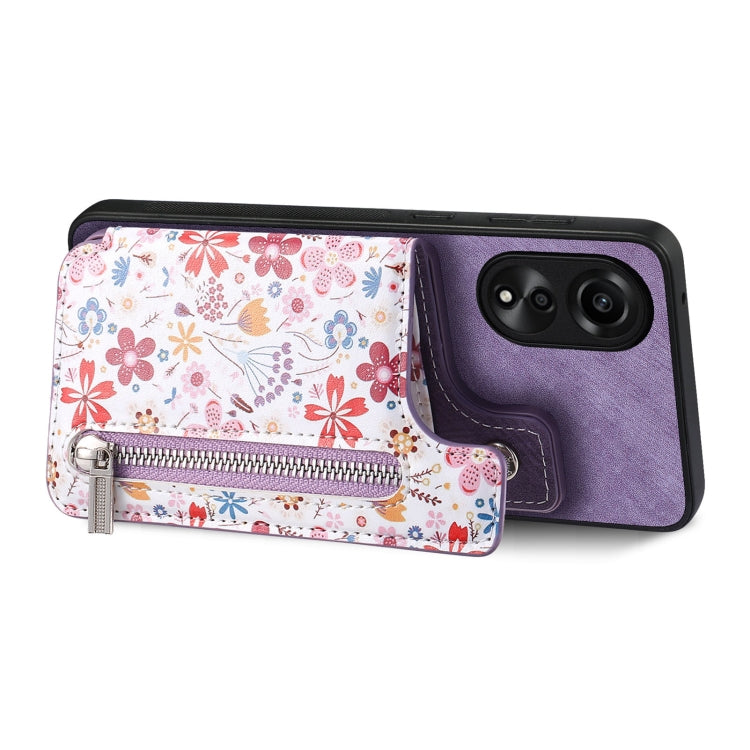 Purple retro painted zipper wallet case for OPPO A17, showcasing its stylish design and functional card slots.