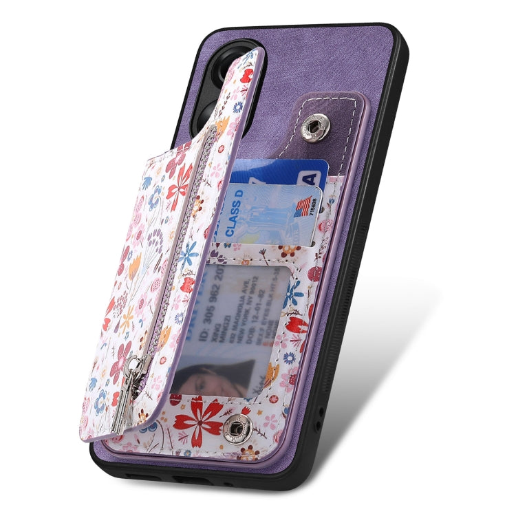 Purple retro painted zipper wallet case for OPPO A17, showcasing its stylish design and functional card slots.