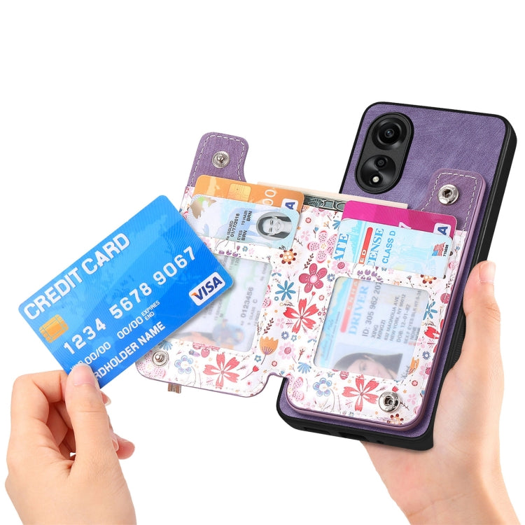 Purple retro painted zipper wallet case for OPPO A17, showcasing its stylish design and functional card slots.