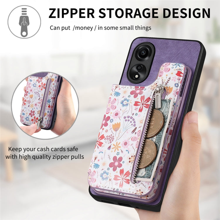 Purple retro painted zipper wallet case for OPPO A17, showcasing its stylish design and functional card slots.