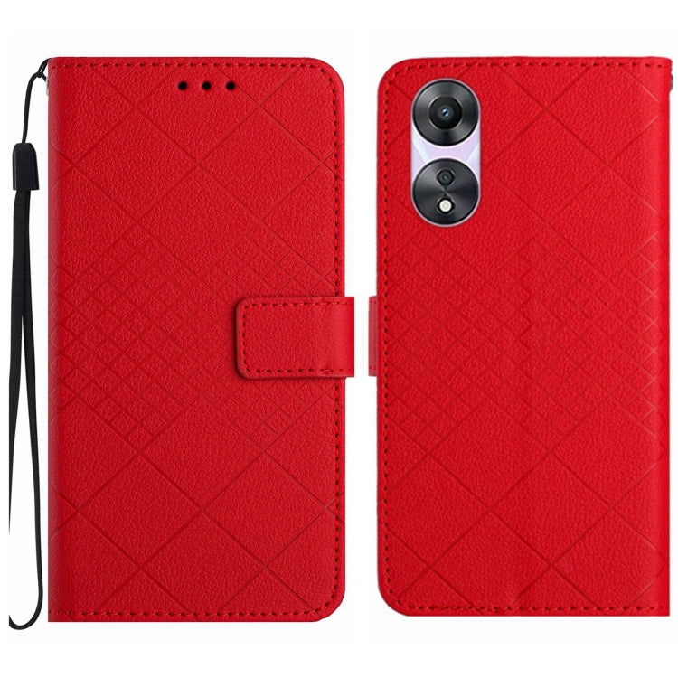 Red leather phone case for OPPO A38 and A18 with rhombic grid texture, showcasing its stylish design and functionality.