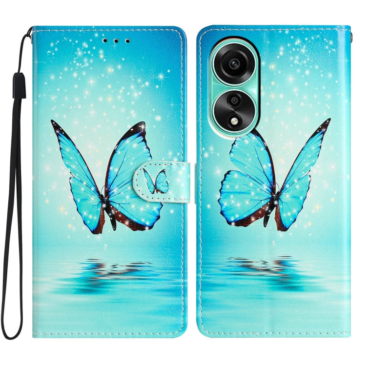 Stylish Blue Butterfly leather phone case for OPPO A38, showcasing its durable design and card slots.