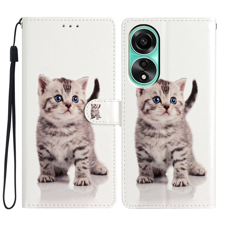 A colorful leather phone case for OPPO A38 featuring a cute Little Tabby Cat design, showcasing its durable material and card slots.