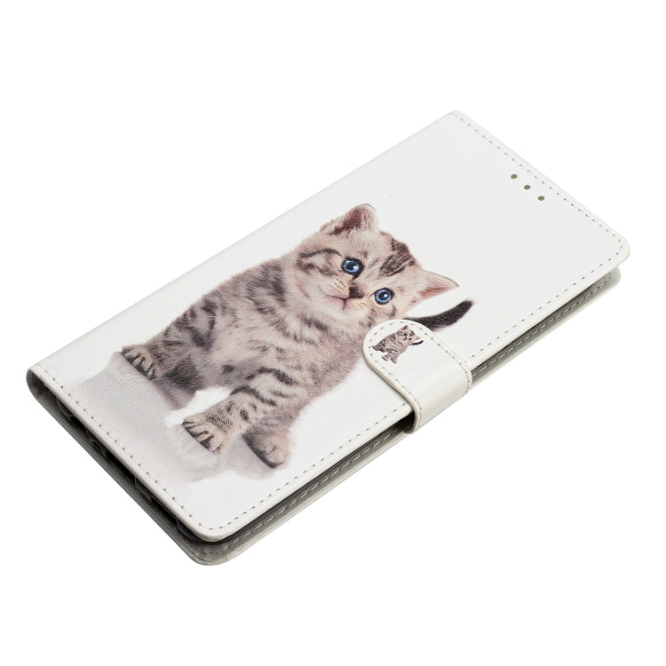 A colorful leather phone case for OPPO A38 featuring a cute Little Tabby Cat design, showcasing its durable material and card slots.