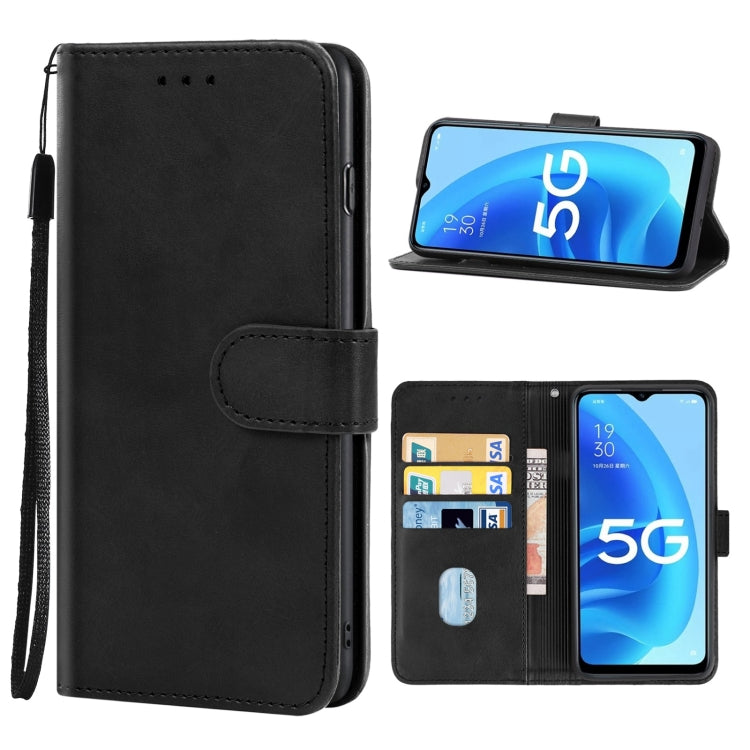 Black leather phone case designed for OPPO A56 5G, featuring card slots and a holder for horizontal viewing.