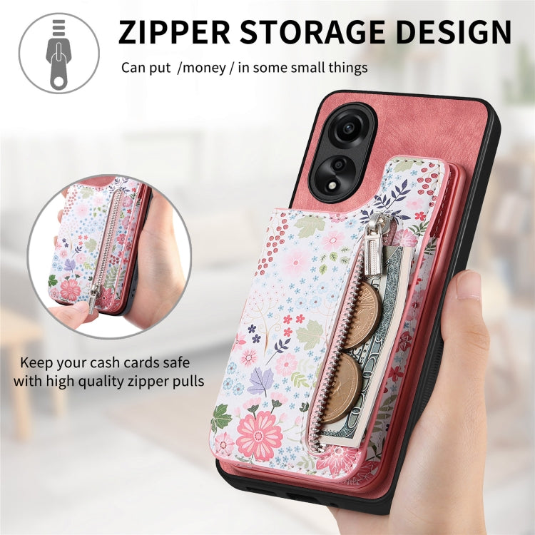 Pink retro painted zipper wallet case for OPPO A57 5G, showcasing card slots and kickstand feature.