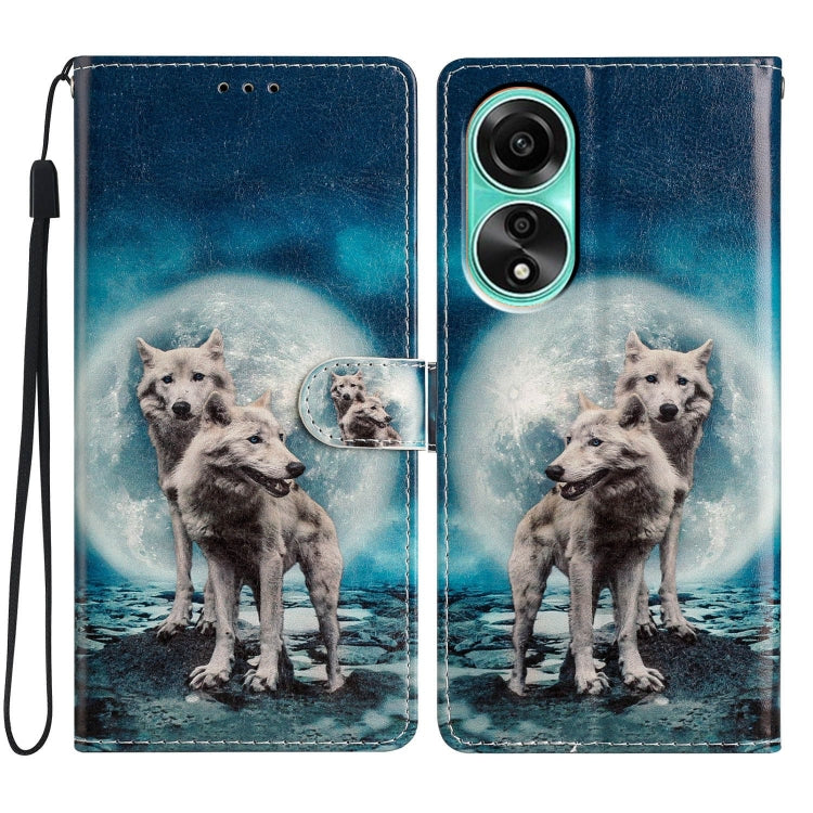 For OPPO A58 4G Colored Drawing Leather Phone Case featuring Twin Wolves design, showcasing durability and stylish protection.