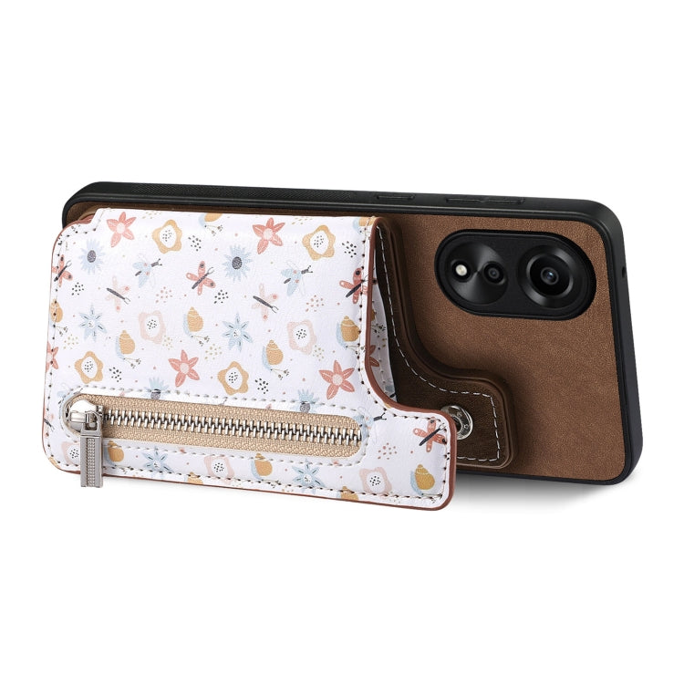 Brown retro painted zipper wallet case for OPPO A58 4G, featuring card slots and a kickstand.