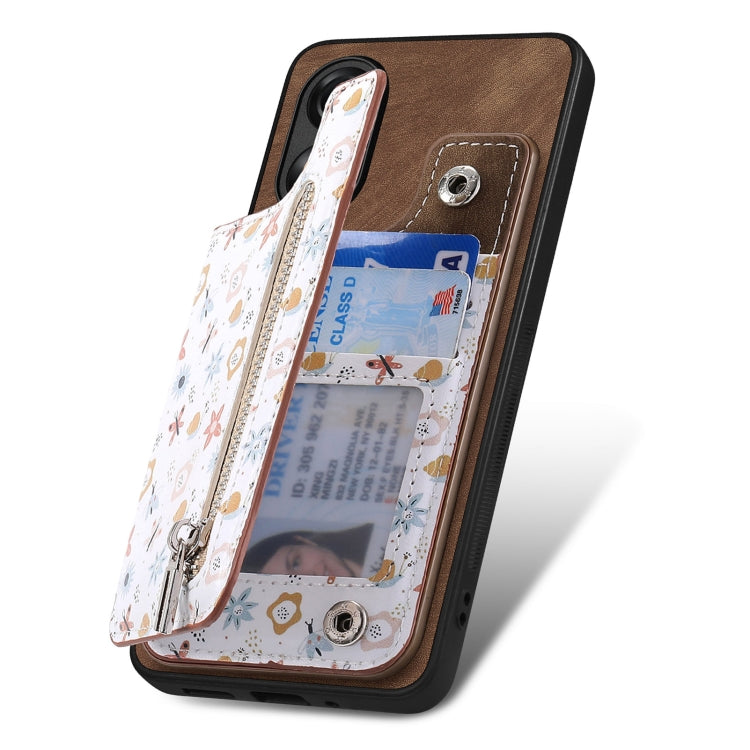 Brown retro painted zipper wallet case for OPPO A58 4G, featuring card slots and a kickstand.