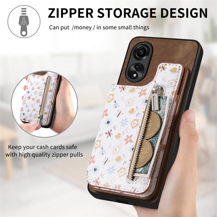 Brown retro painted zipper wallet case for OPPO A58 4G, featuring card slots and a kickstand.