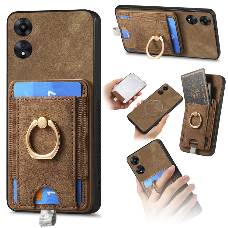 For OPPO A58 5G Retro Splitable Magnetic Card Bag Leather Phone Case showcasing its stylish design and magnetic card wallet feature.