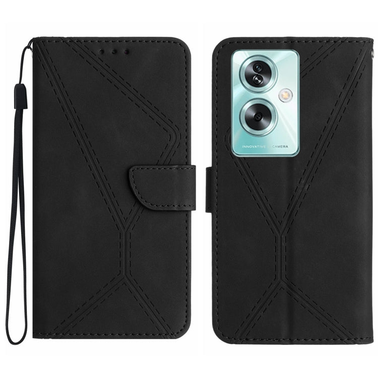 Black embossed leather phone case for OPPO A59 5G with card slots and wrist strap.