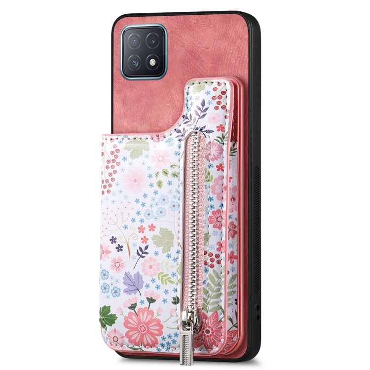 Pink retro painted zipper wallet case for OPPO A72 5G, showcasing card slots and kickstand feature.