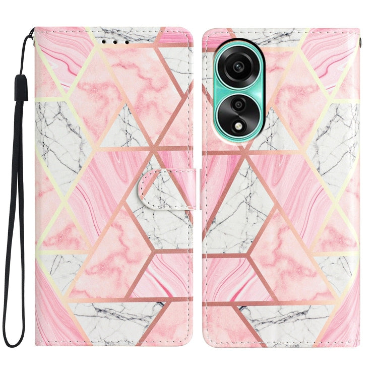 Pink Marble Leather Phone Case for OPPO A78 4G, featuring a stylish design with card slots and a wrist strap.