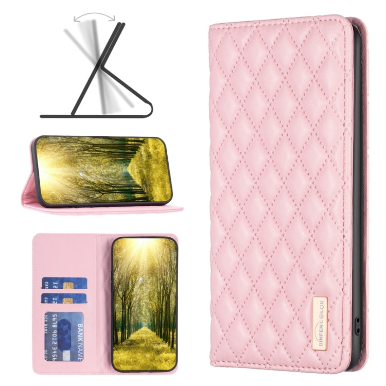 Pink diamond lattice magnetic leather flip phone case for OPPO A98 5G, showcasing its stylish design and protective features.