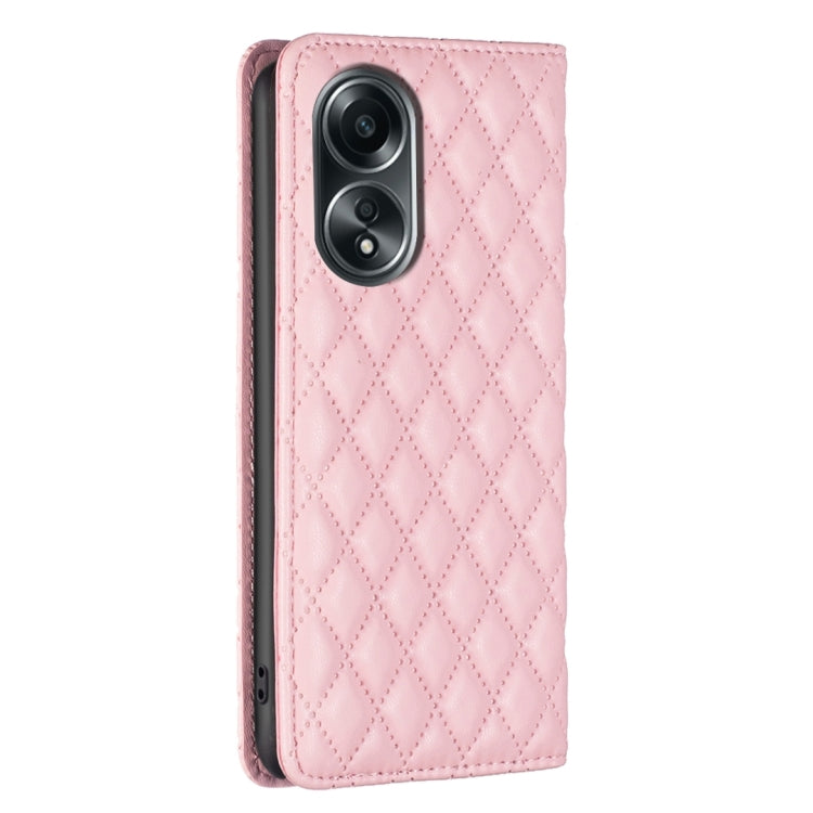 Pink diamond lattice magnetic leather flip phone case for OPPO A98 5G, showcasing its stylish design and protective features.