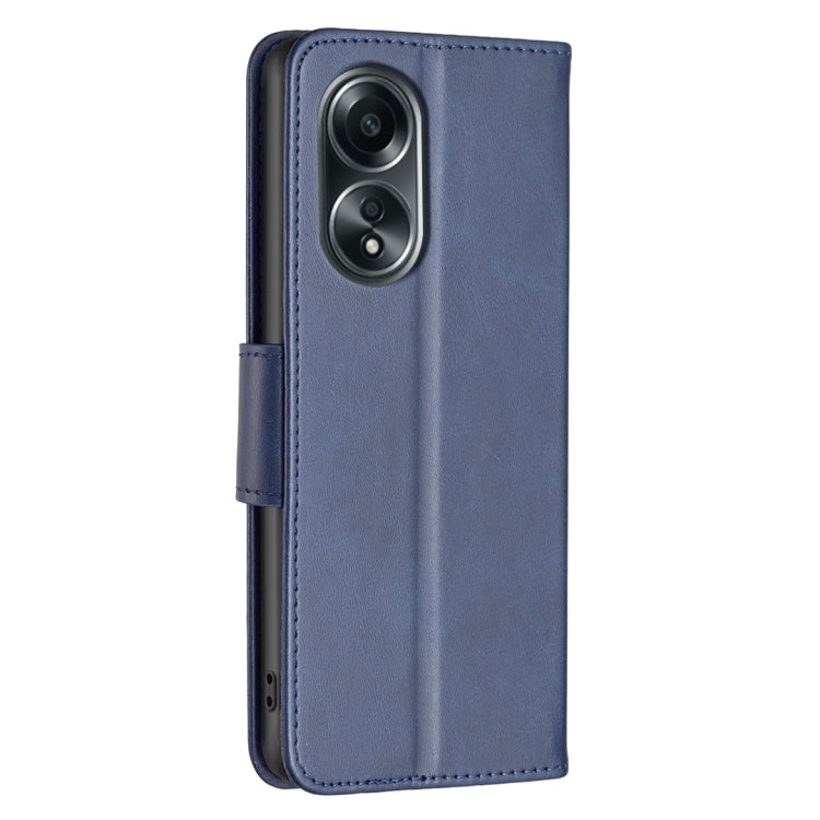 Blue lambskin texture leather phone case for OPPO A98 5G, showcasing its elegant design and functional features.