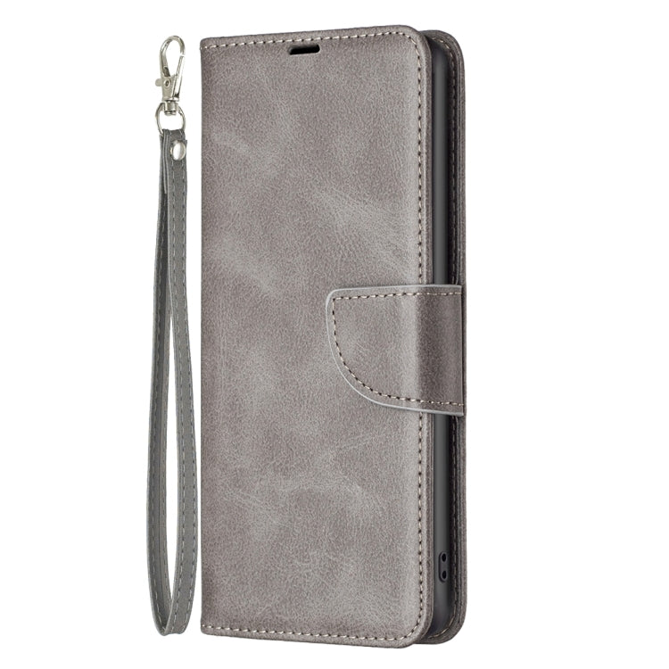 Grey lambskin texture leather phone case for OPPO A98 5G, showcasing its elegant design and functional features.