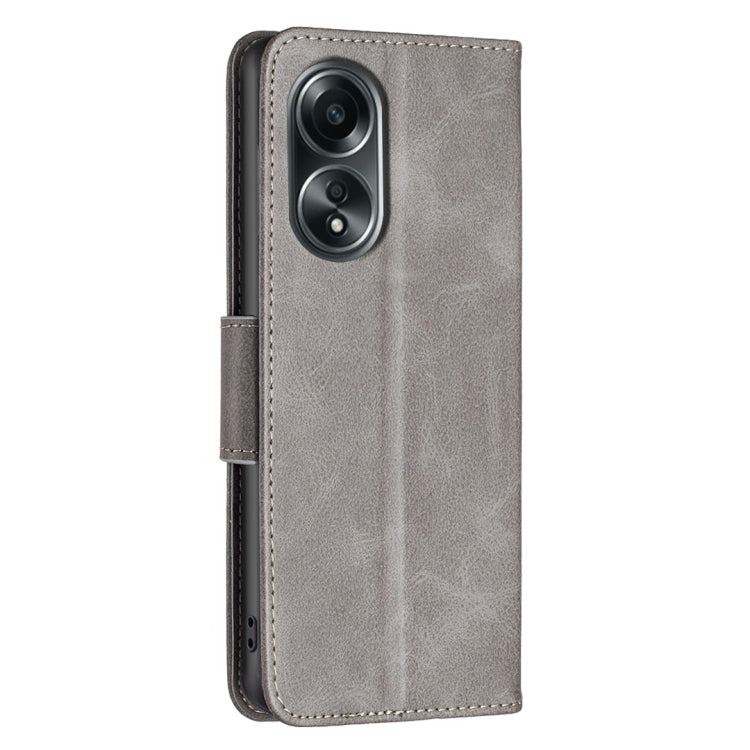 Grey lambskin texture leather phone case for OPPO A98 5G, showcasing its elegant design and functional features.