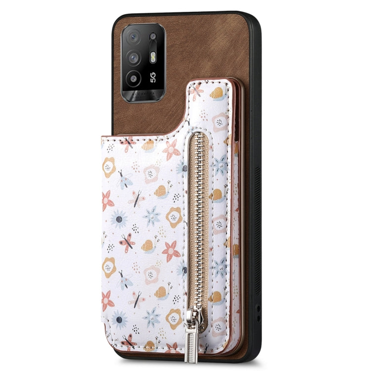 Brown retro painted zipper wallet case for OPPO F19 Pro+, showcasing its stylish design and card slots.